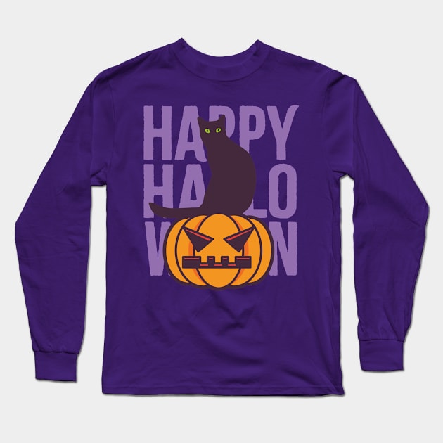 Black Cat and pumpking halloween Long Sleeve T-Shirt by Bubsart78